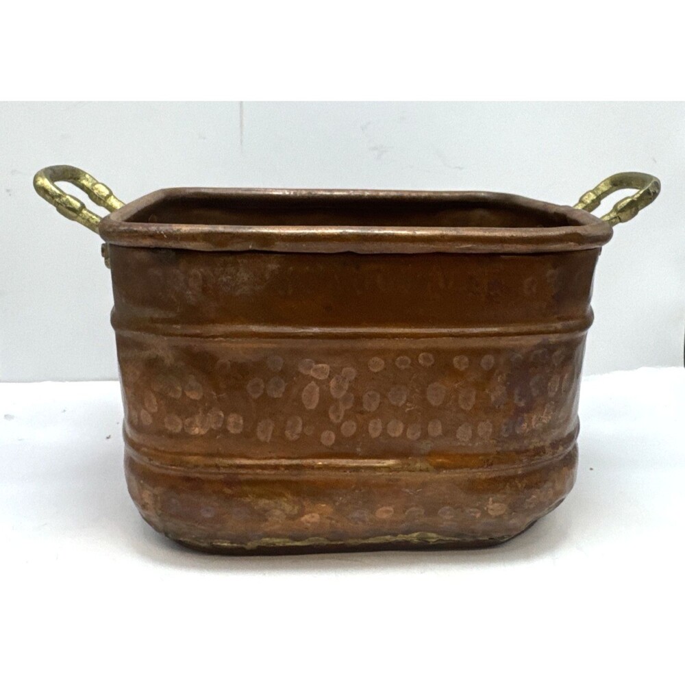 VINTAGE Hammered  Copper Planter Brass Handles Copper Rivets 8x4x4.25